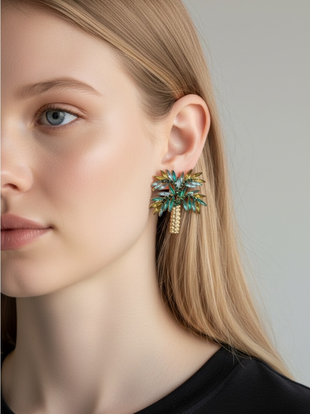 10/25 Gold Palm Tree Crystal Drop Earrings - Green Blue